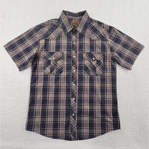 NWT‎ Coevals Club Short Sleeve Shirt Men's L Grey Brown Plaid Pearl Snap NEW